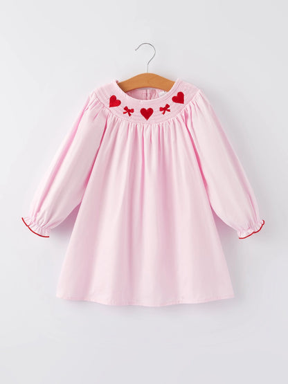 Pink Smocked Embroidery Long Sleeve Dress