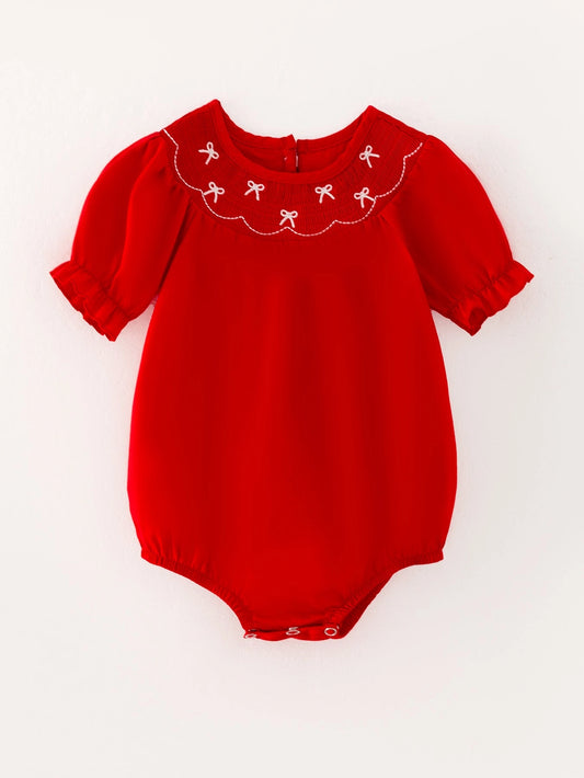 Bow Smocked Embroidered Red Romper