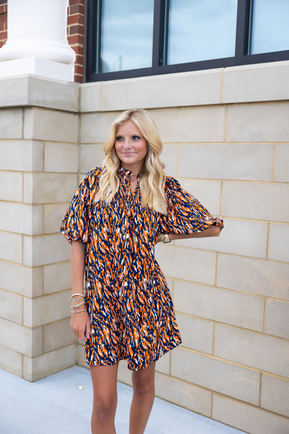 Amelia Dress | Navy & Orange