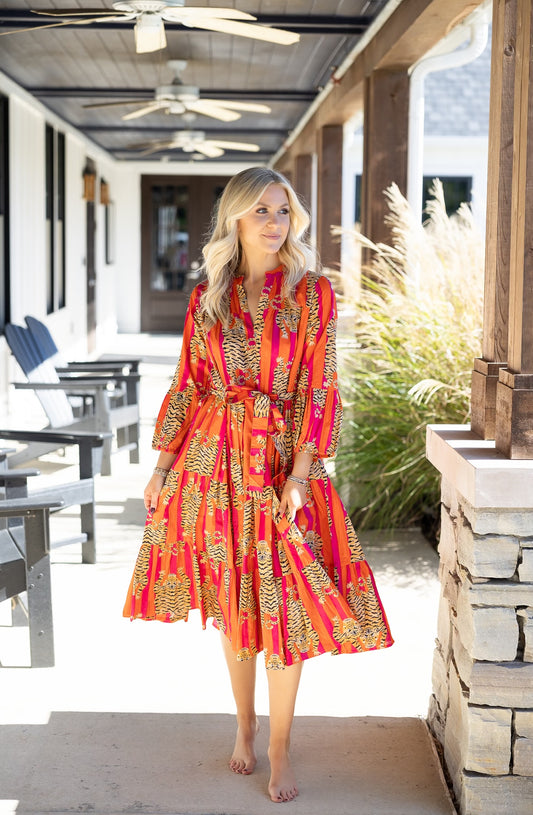 Pink & Orange Tiger Midi Dress