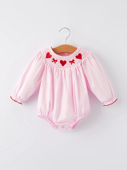 Pink Smocked Embroidered Long Sleeve Romper