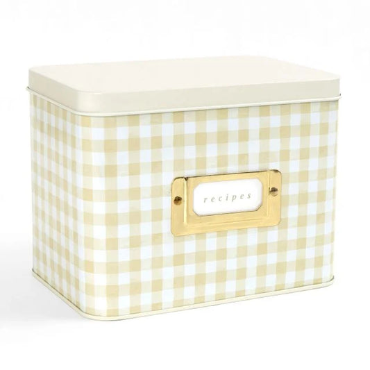 Beige Gingham Tin Recipe Box