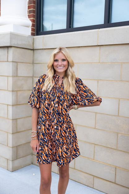 Amelia Dress | Navy & Orange