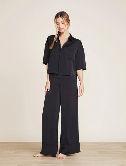 Washed Satin Piped Wide Leg Pant