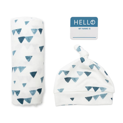 Blue Triangles | Lulujo Hello World Hat & Swaddle Set