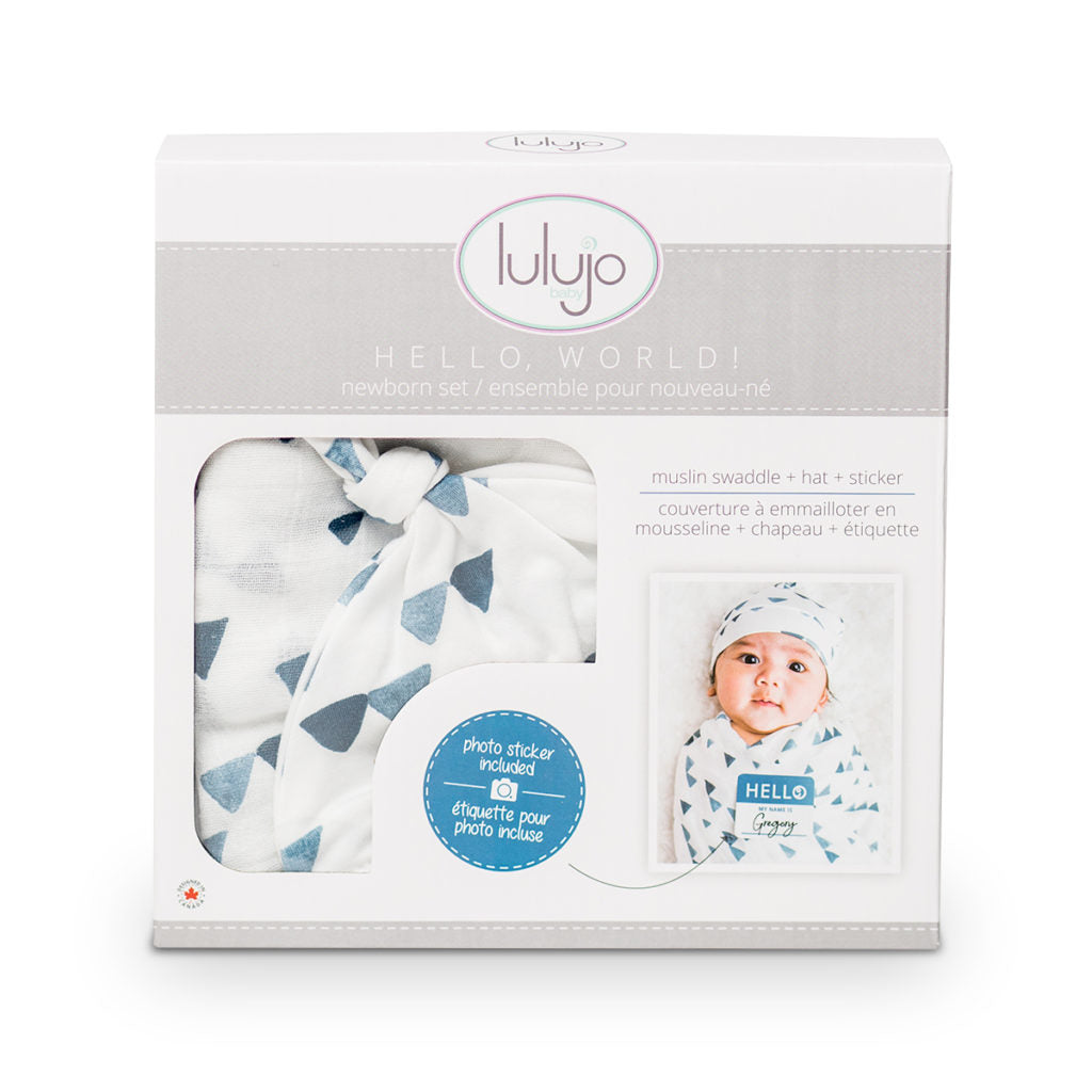 Blue Triangles | Lulujo Hello World Hat & Swaddle Set