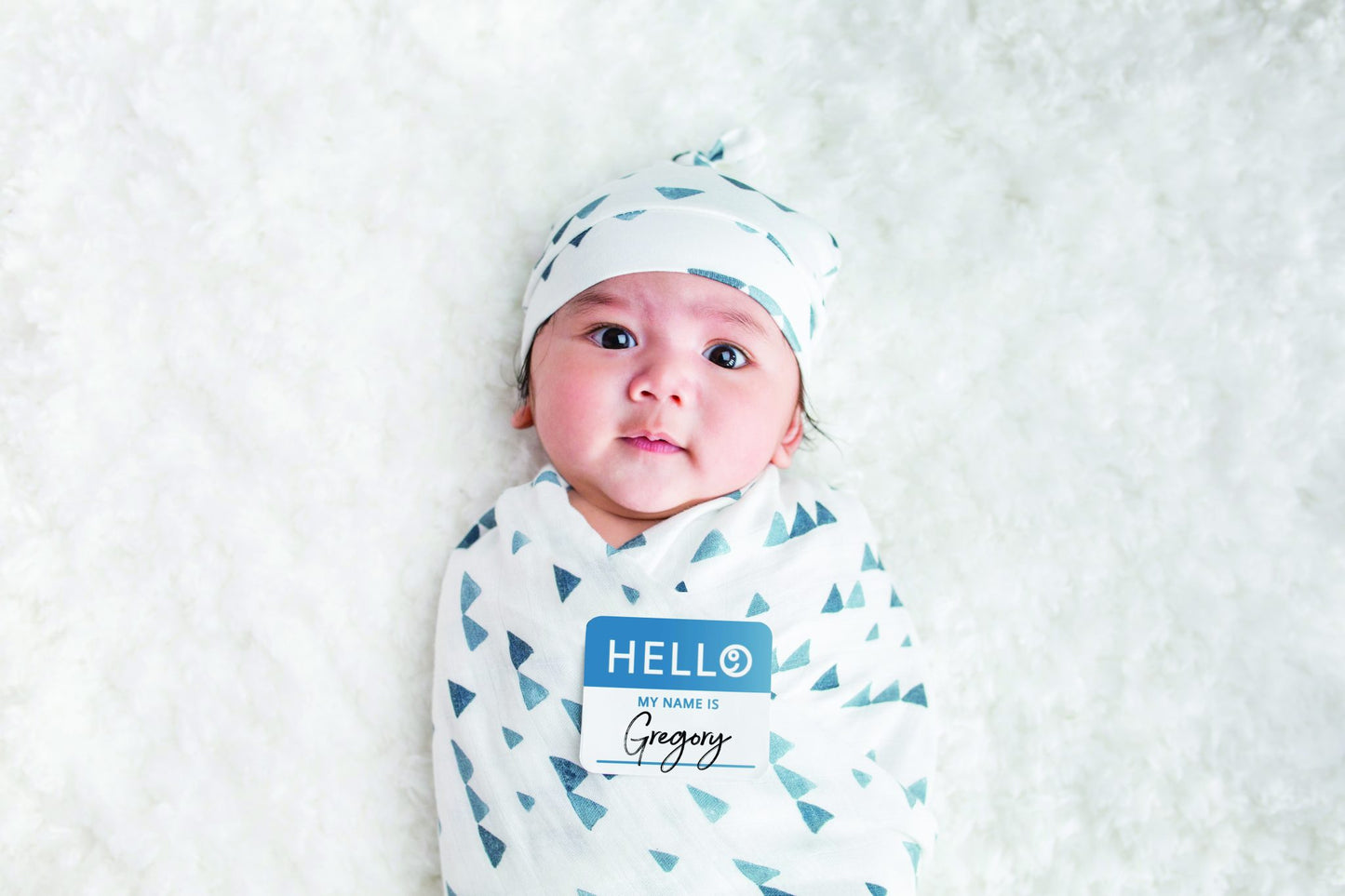 Blue Triangles | Lulujo Hello World Hat & Swaddle Set