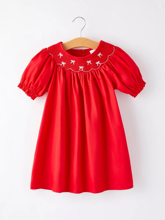 Bow Smocked Embroidered Red Dress