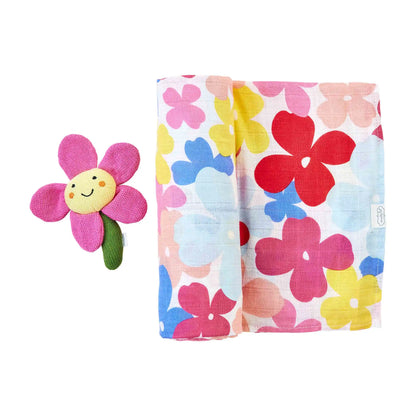 Floral Swaddle & Rattle Set