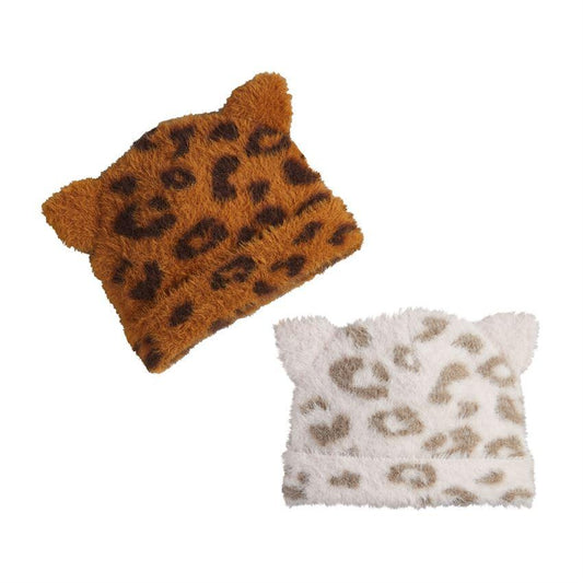 Fuzzy Leopard Knit Hat